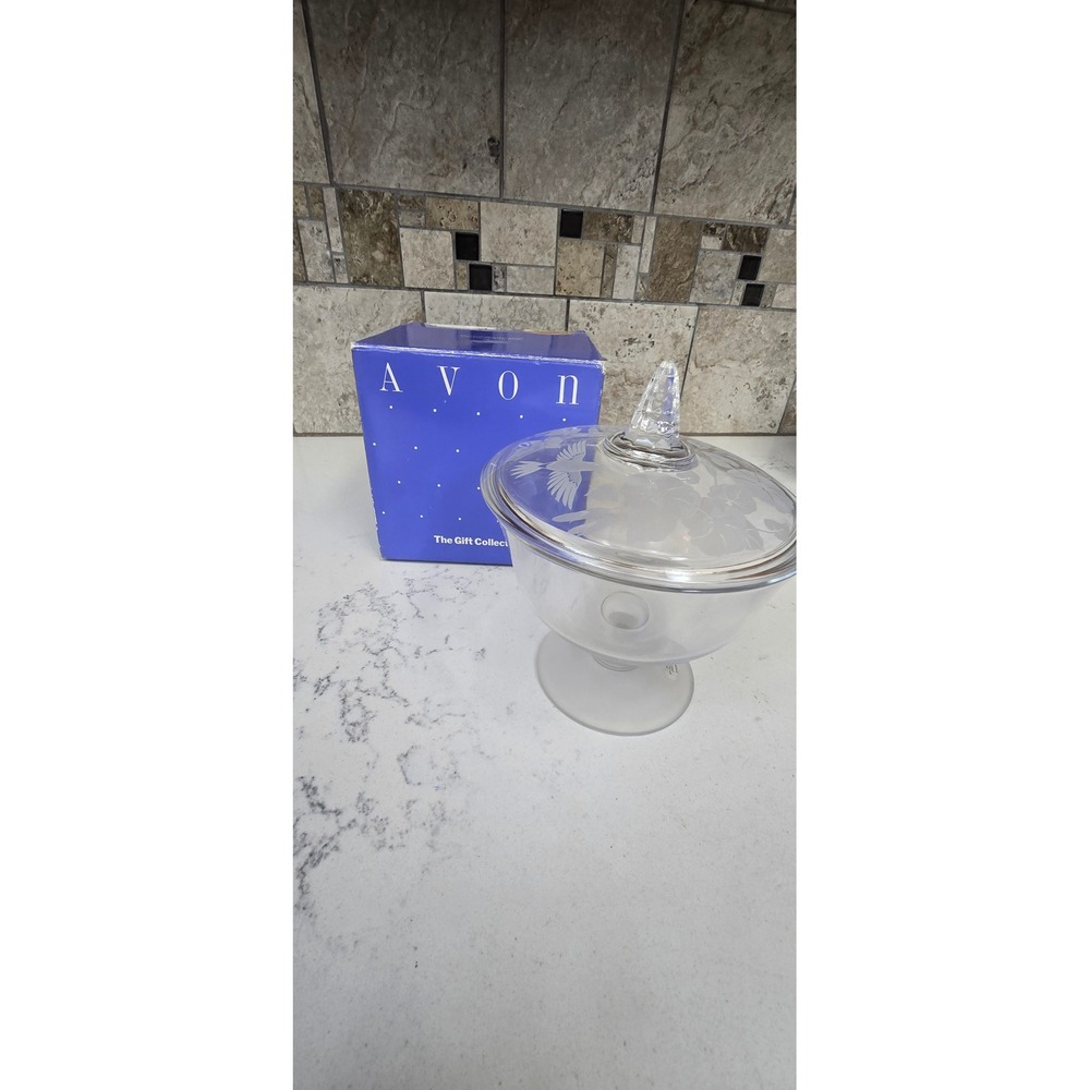 Avon Hummingbird Crystal Covered Candy Dish Frosted Etched Glass Pedestal Bowl